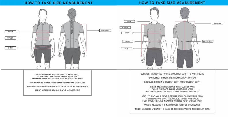 May include: Diagram illustrating how to take size measurements for clothing. The image shows front and back views of a person, with labeled areas for bust, waist, and hips. Instructions are provided below the figures.