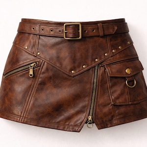 K&ouml;nnte beinhalten: Brauner Minirock aus Kunstleder mit G&uuml;rtel, Schnalle und mehreren Taschen. Der Rock hat einen Rei&szlig;verschluss und dekorative Nieten. Das Design erinnert an Steampunk- oder Biker-Stile. Die L&auml;nge betr&auml;gt ca. 30 cm.