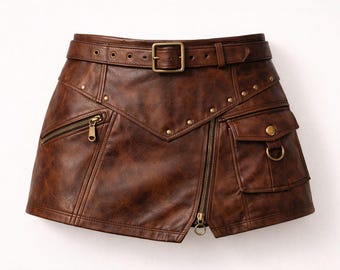 Minissaia vintage de couro para mulheres – Saia marrom de cintura alta – Roupa de inverno minimalista feita à mão