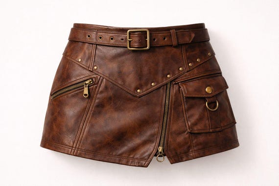 Vintage Leather Mini Skirt For Women – High Waist Brown Skirt -Handmade Minimalist Winter Wear