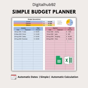 Budget Planner Template: Automatic Income Expense Tracker (Excel Google Sheet)