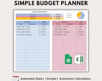 Puede incluir: Una hoja de cálculo de presupuesto digital titulada Digitalhub92 Simple Budget Planner. Incluye columnas para ingresos y gastos con fechas, conceptos y montos, un gráfico circular e iconos de los programas Google Sheets y Microsoft Excel.