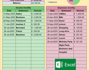 Budget Planner Template in Excel and Google Sheet: Automatic Income & Expense Tracker with automatic Date and Time