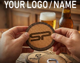 Custom Bottle Opener Coaster - Your Logo / Name (Magnetic, Wood with Cork Inlay, Handmade)
