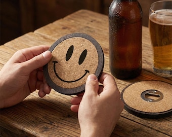 Smiley Bottle Opener Coaster - Retro Acid Style (Magnetic, Wood with Cork Inlay, Handmade)