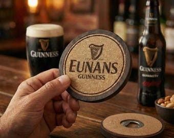 Custom Name Guinness Style Bottle Opener Coaster (Magnetic, Wood with Cork Inlay, Handmade)