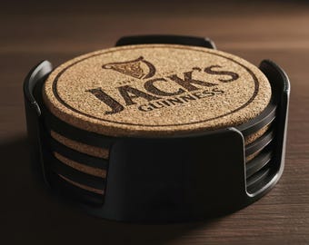 Personalised Guinness-Style Cork Coaster Set (x4) with Holder