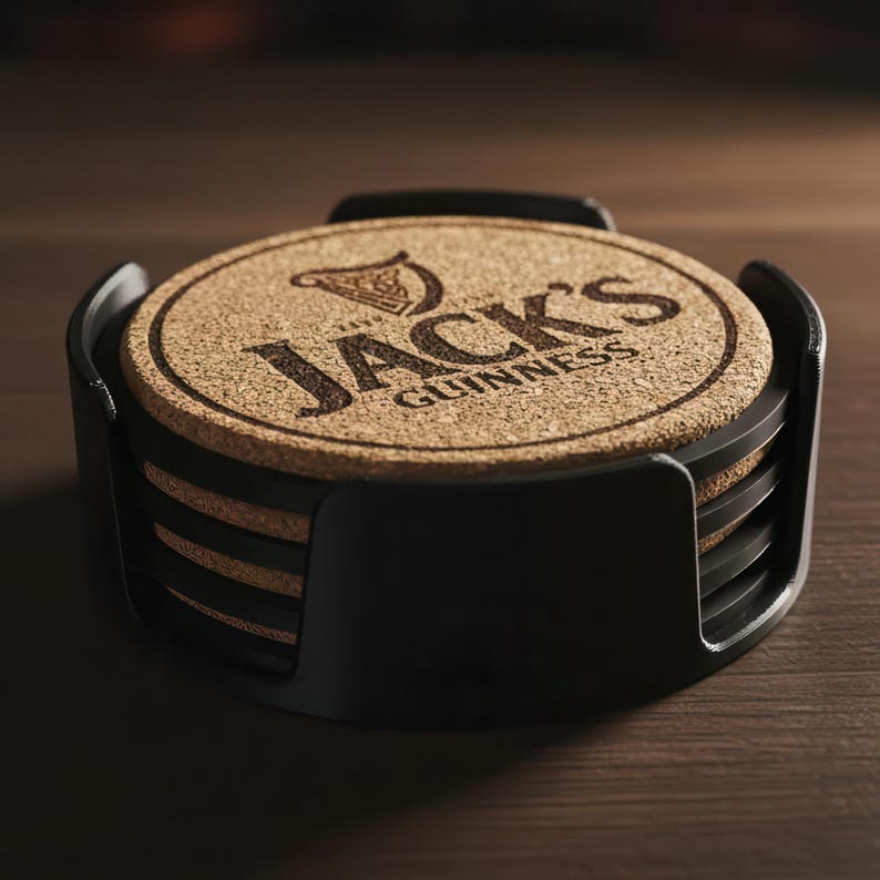 May include: A set of round cork coasters with the text "Jack's Guinness" etched into the surface. The coasters are in a black holder. The coasters are made of cork and have a natural, light brown color. The holder is made of black plastic.