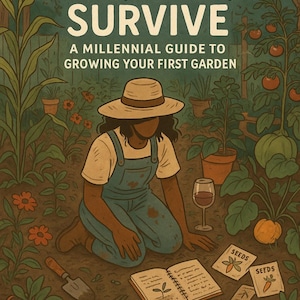 May include: Illustration of a person kneeling in a garden, with the text "SIP, SOW, SURVIVE: A MILLENNIAL GUIDE TO GROWING YOUR FIRST GARDEN." The image includes gardening tools, seed packets, a glass of wine, and the handle @BlackGirlGardenMagic.