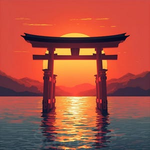 日本の鳥居の夕日デジタルプリント - 10 x 10インチの正方形の壁アート - 神聖な神社のポスター - デジタルダウンロード