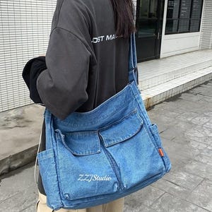 Denim Crossbody Schulter-Einkaufstasche mit mehreren Taschen, Denim-Einkaufstasche mit Reißverschluss, Einkaufstasche, Vintage-Denim-Taschen, Umhängetasche