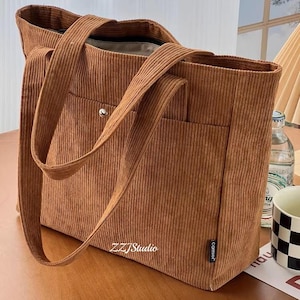 Women&#39;s Thick Multi-Pocket Corduroy Shoulder Tote Bag, Corduroy Notebook Bag, Student School Corduroy Tote Bag, Casual Corduroy Mommy Bag