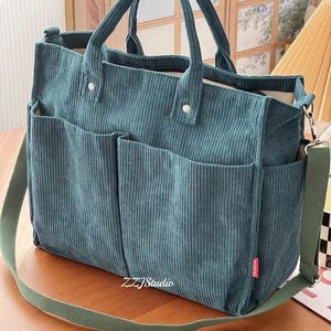 Vintage Multi-Pocket Corduroy Shoulder & Crossbody Tote Bag, 16 inch Notebook Corduroy Bag, Student Corduroy Tote Bag, Corduroy Mommy Bag