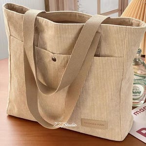 Casual Khaki Zipper Corduroy Tote Bag, Corduroy Shoulder Bag, Corduroy Mommy Bag, Soft Everyday Bag, Student Tote Bag Corduroy, Gift for Her