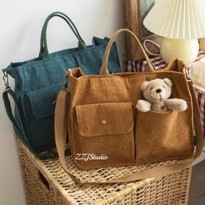 Multi-Pocket Brown Corduroy Shoulder & Crossbody Tote Bag, Notebook Corduroy Bag, Student Corduroy Tote Bag, Everyday Corduroy Mommy Bag