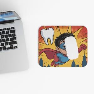 Superhero Tooth Mouse Pad, Kids Desk Accessory, Dental Humor Gift, Colorful Office Decor, Back to School Supplies