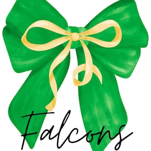 以下が含まれることがあります： 水彩画風のイラストで、大きな緑色のリボンに黄色の中心とリボンが付いています。「Falcons」の文字が黒い筆記体で下に書かれています。リボンは鮮やかな緑色です。