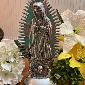 Pewter Our Lady of Guadalupe Statue, Mexican Religious Art, Virgen de Guadalupe Home Decor, Catholic Gift, Pewter Sculpture, Gift for Home
