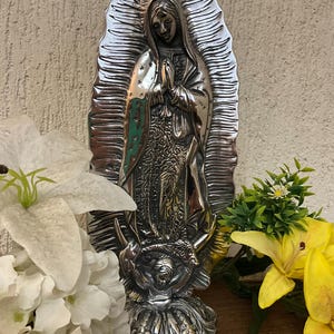 Virgen de Guadalupe Pewter Figurine, Mexican Religious Statue, Catholic Gift, Virgin Mary Home Altar Decor, Catholic Sculpture Gift for home