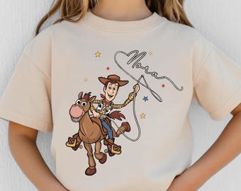 Personalized Woody Toy Story shirt, Adult Toddler Family matching Tee, Custom Name Disney Birthday Boy Present for Kid shirt