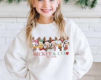 Retro Mickey & Co Weihnachten Kinder Sweatshirt, Est 1928 Magic Shirt, Disney Weihnachten Sweatshirt, Disney Cartoon Freunde Urlaub Shirt