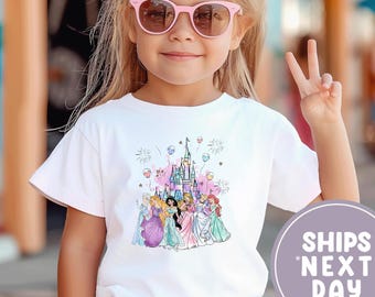 Camiseta infantil de princesas Disney, Elsa y Rapunzel, Cenicienta y Ariel, Castillo de acuarela para bebé, Jazmín y Aurora.