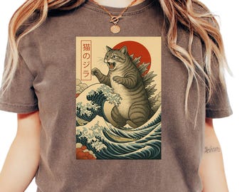 Retro japanisches Catzilla Hemd, große Welle T-Shirt, lustiges Kaiju Hemd, Monster Katzen T-Shirt, Ukiyo E Kunst Hemd, Japan Ästhetik T-Shirt, Kanagawa Hemd