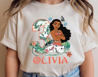 Personalisiertes Vaiana Geburtstags-Shirt, Name und Alter Geburtstag T-Shirt, Insel Prinzessin Geburtstag Top, Vaiana Thema Party Shirt