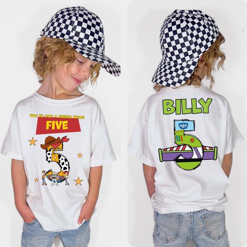 May include: A white t-shirt with a large number 5 design, cowboy hat, and the text "YOU'VE GOT A FRIEND IN ME". The back of the shirt has the name "BILLY" and a Buzz Lightyear-themed design. The child is wearing a black and white checkered baseball cap.