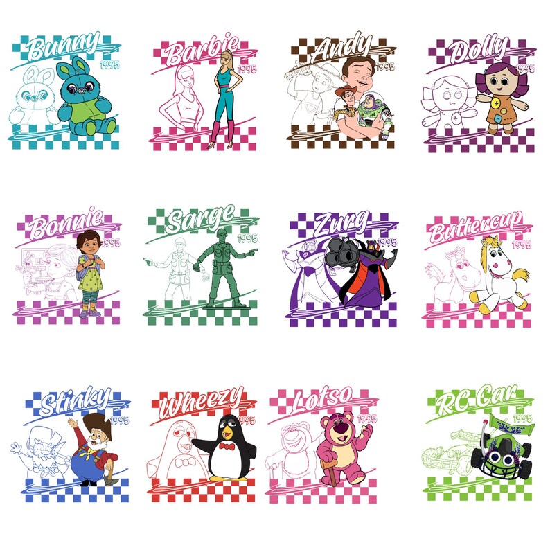 Op de afbeelding: Een verzameling kleurrijke grafische ontwerpen met personages uit de animatiefilm Toy Story. Elk ontwerp bevat een personagenaam en het jaar 1995, tegen een geblokte achtergrond. Personages zijn onder meer Bunny, Barbie, Andy, Dolly, Bonnie, Sarge, Zurg, Buttercup, Stinky, Wheezy, Lotso en RC Car.