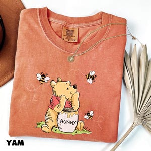May include: Orange Comfort Colors long-sleeve shirt featuring a cartoon illustration of Winnie the Pooh with a honey pot and bees. A gold necklace and the word "YAM" are also visible.