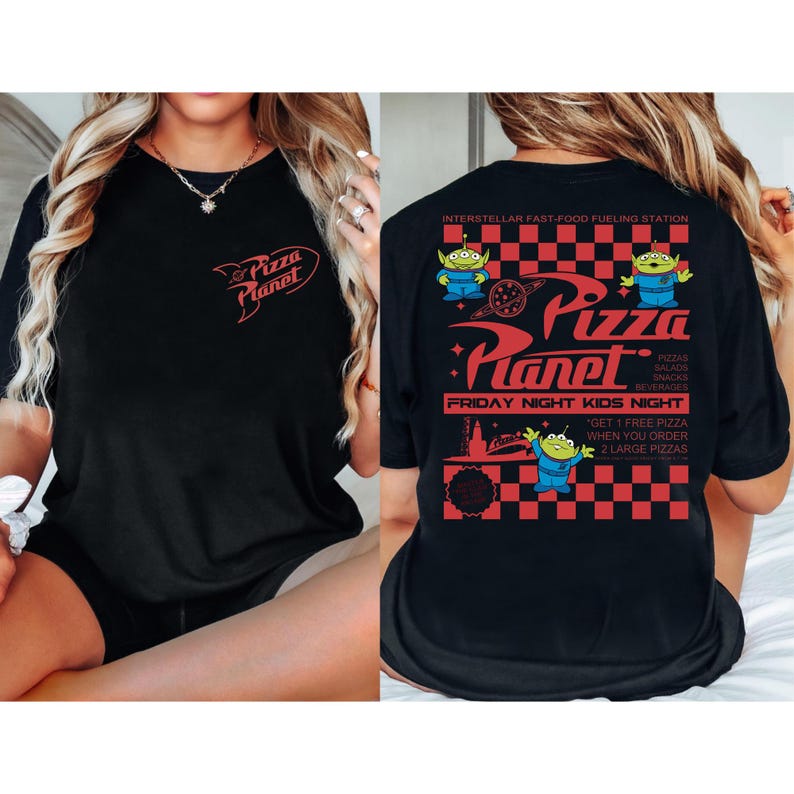 May include: Black t-shirt featuring the Pizza Planet logo on the front and back. The back design includes the text "Interstellar Fast-Food Fueling Station" and cartoon aliens. The shirt also has the text "Friday Night Kids Night".