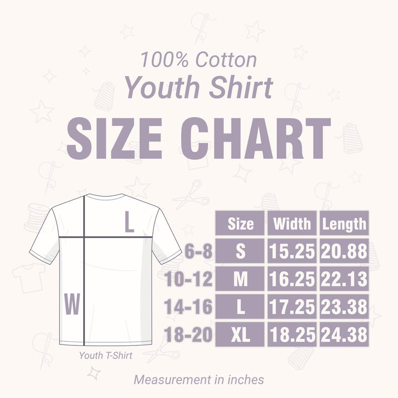 May include: A size chart for youth shirts, with measurements in inches. The chart includes sizes S, M, L, and XL, with corresponding width and length measurements. The shirt is 100% cotton.
