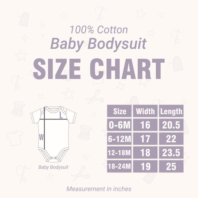 May include: A baby bodysuit size chart with measurements in inches. The chart includes sizes 0-6M, 6-12M, 12-18M, and 18-24M, with corresponding width and length measurements. The bodysuit is 100% cotton.
