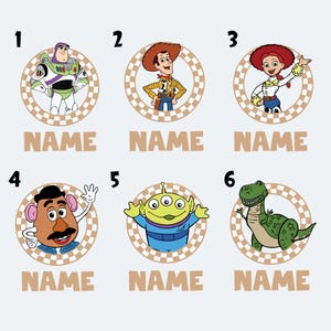 May include: Six cartoon character designs from the Toy Story franchise, each within a checkered circle. Characters include Buzz Lightyear, Woody, Jessie, Mr. Potato Head, an alien, and Rex. Each design has the word "NAME" below it.