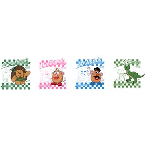 Op de afbeelding: Vier cartoon karakterontwerpen uit de film Toy Story. De karakters zijn Mr. Pricklepants, Mrs. Potato, Mr. Potato en Rex. Elk ontwerp staat op een witte achtergrond met een geblokte rand en de naam van het karakter.