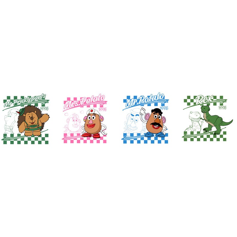 Op de afbeelding: Vier cartoon karakterontwerpen uit de film Toy Story. De karakters zijn Mr. Pricklepants, Mrs. Potato, Mr. Potato en Rex. Elk ontwerp staat op een witte achtergrond met een geblokte rand en de naam van het karakter.