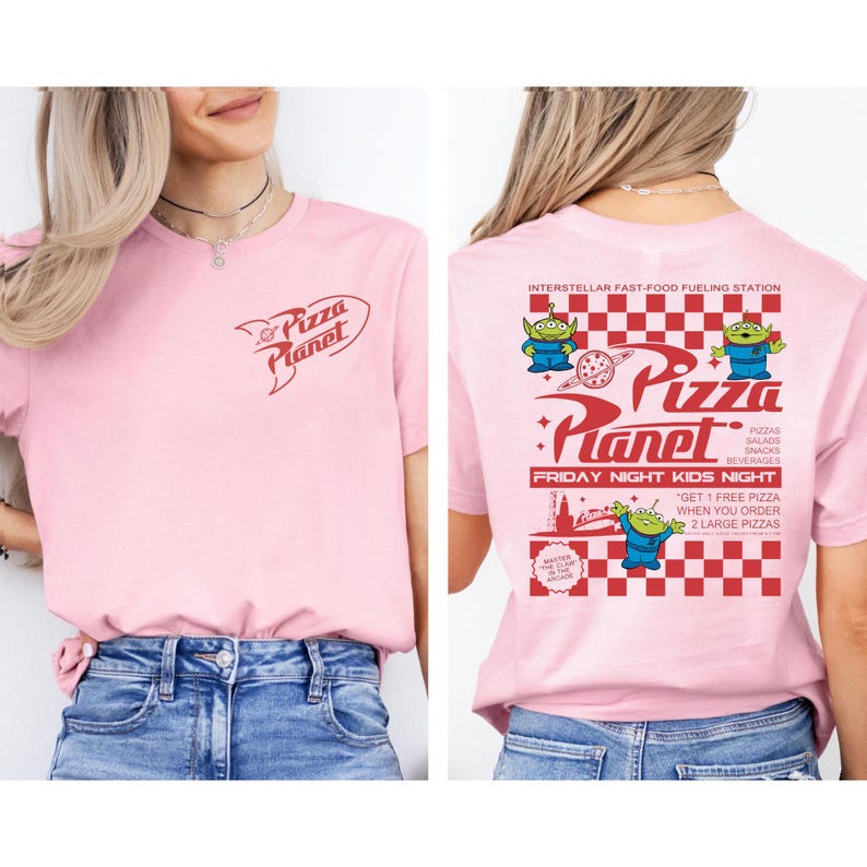 May include: A light pink t-shirt featuring the Pizza Planet logo on the front and back. The back of the shirt has a red and white checkered pattern with the text "Pizza Planet" and images of green aliens. The shirt also has the text "Friday Night Kids Night".