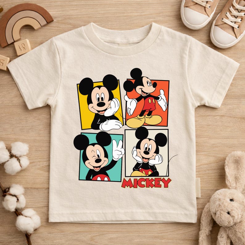 May include: Off-white short-sleeved t-shirt featuring a colorful Mickey Mouse graphic. The graphic is divided into four squares, each showcasing a different pose of Mickey. The word "MICKEY" is printed in red at the bottom.