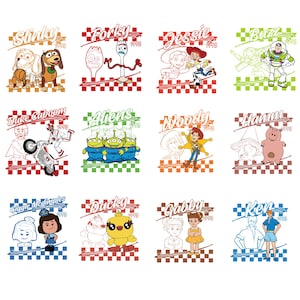 Op de afbeelding: Een verzameling van twaalf grafische ontwerpen met personages uit de animatiefilmserie "Toy Story". Elk ontwerp bevat een personagenaam en het jaar "1995" in een retrostijl. De personages zijn onder meer Slinky, Forky, Jessie, Buzz, Duke Caboom, Aliens, Woody, Hamm, Giggle McDimples, Ducky, Gabby en Ken.