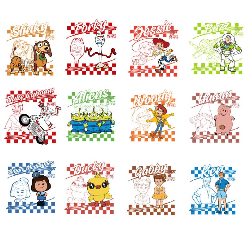 Op de afbeelding: Een verzameling van twaalf grafische ontwerpen met personages uit de animatiefilmserie "Toy Story". Elk ontwerp bevat een personagenaam en het jaar "1995" in een retrostijl. De personages zijn onder meer Slinky, Forky, Jessie, Buzz, Duke Caboom, Aliens, Woody, Hamm, Giggle McDimples, Ducky, Gabby en Ken.
