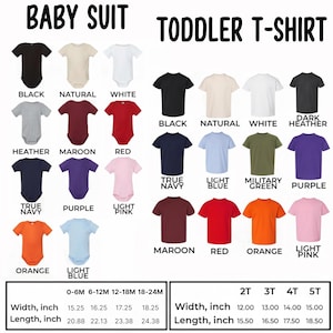 May include: A selection of baby suits and toddler t-shirts in various colors, including black, white, and red. The image displays size and measurement information in inches for each garment. The text "BABY SUIT" and "TODDLER T-SHIRT" are at the top.
