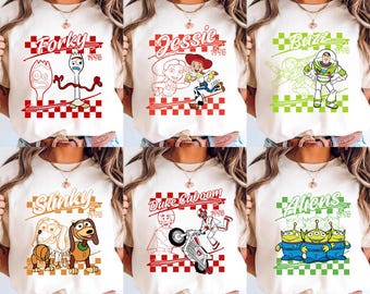 Shirt gepersonaliseerde Toy Story-personages, retro Pixar-T-shirt uit 1995, geruit Disney-shirt, Lotso Zurg Wheezy Stinky Pete RC Car Buttercup