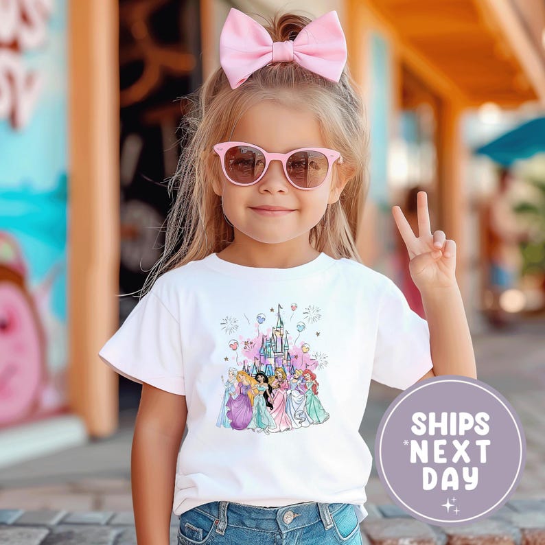 May include: A young girl wearing a white t-shirt with a colorful graphic of Disney princesses in front of a castle. She is wearing pink sunglasses and a pink bow. The shirt has a round neck and short sleeves.
