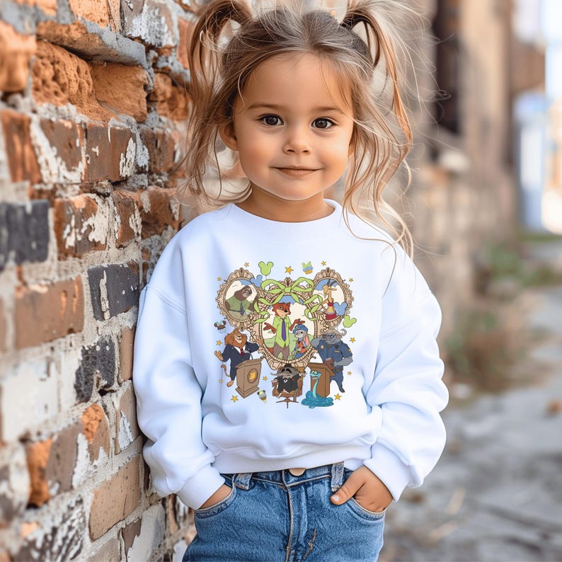 May include: A white sweatshirt featuring a colorful cartoon graphic. The graphic includes various animal characters in ornate frames, with a central green bow and floral accents. The child is wearing blue jeans.