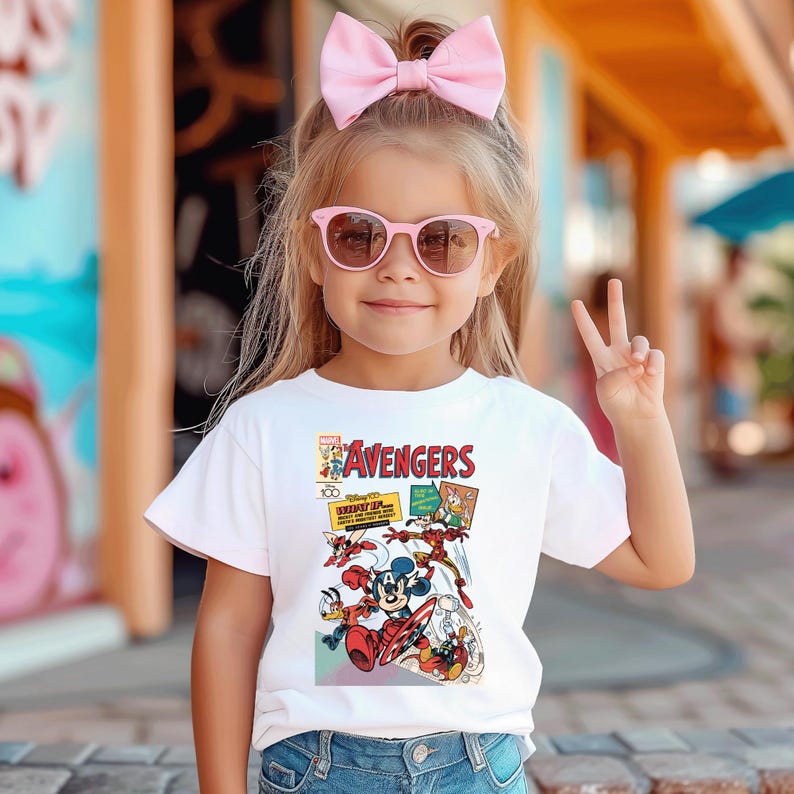 May include: A young person wearing a white t-shirt featuring a colorful comic book-style graphic with the word "AVENGERS" and various cartoon characters. The person is also wearing pink sunglasses and a pink bow.