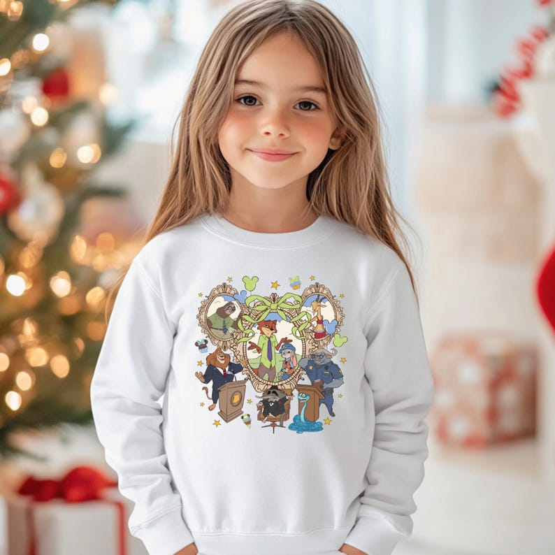 May include: A white sweatshirt featuring a colorful cartoon graphic. The graphic includes several animal characters in ornate frames, with a central character in a green suit. The design is surrounded by decorative elements.