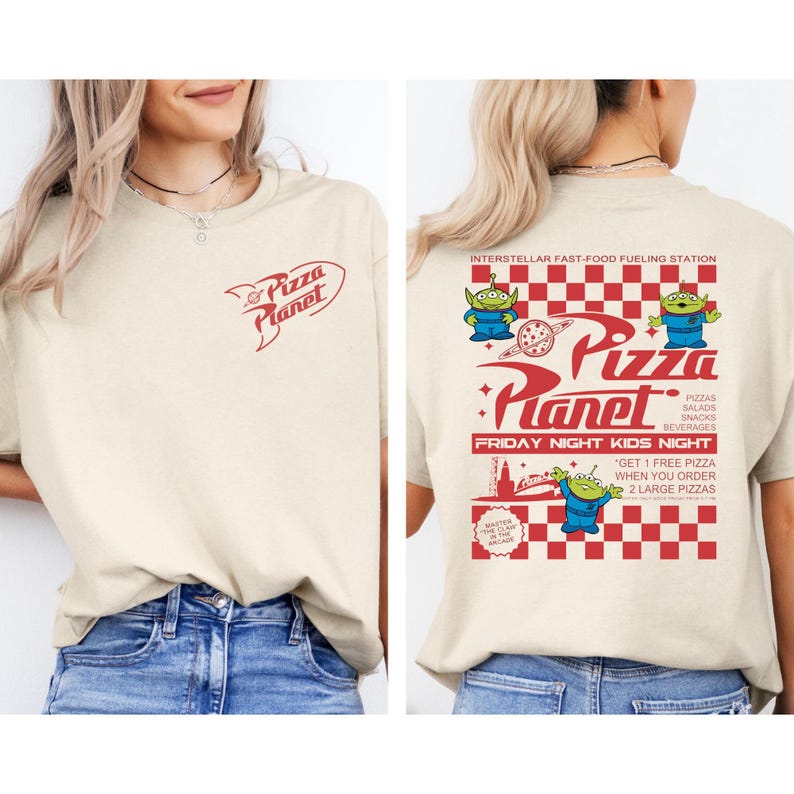 May include: Beige t-shirt with the "Pizza Planet" logo on the front and back. The back features a red and white checkered pattern with the text "Interstellar Fast-Food Fueling Station" and "Friday Night Kids Night".