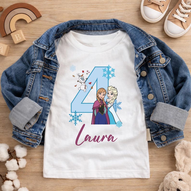 Personlig Frost-födelsedagströja, Elsa och Anna-födelsedagströja, anpassad namn- och ålderströja, isprinsessa-festtröja, Frost-flickpresent bild 1