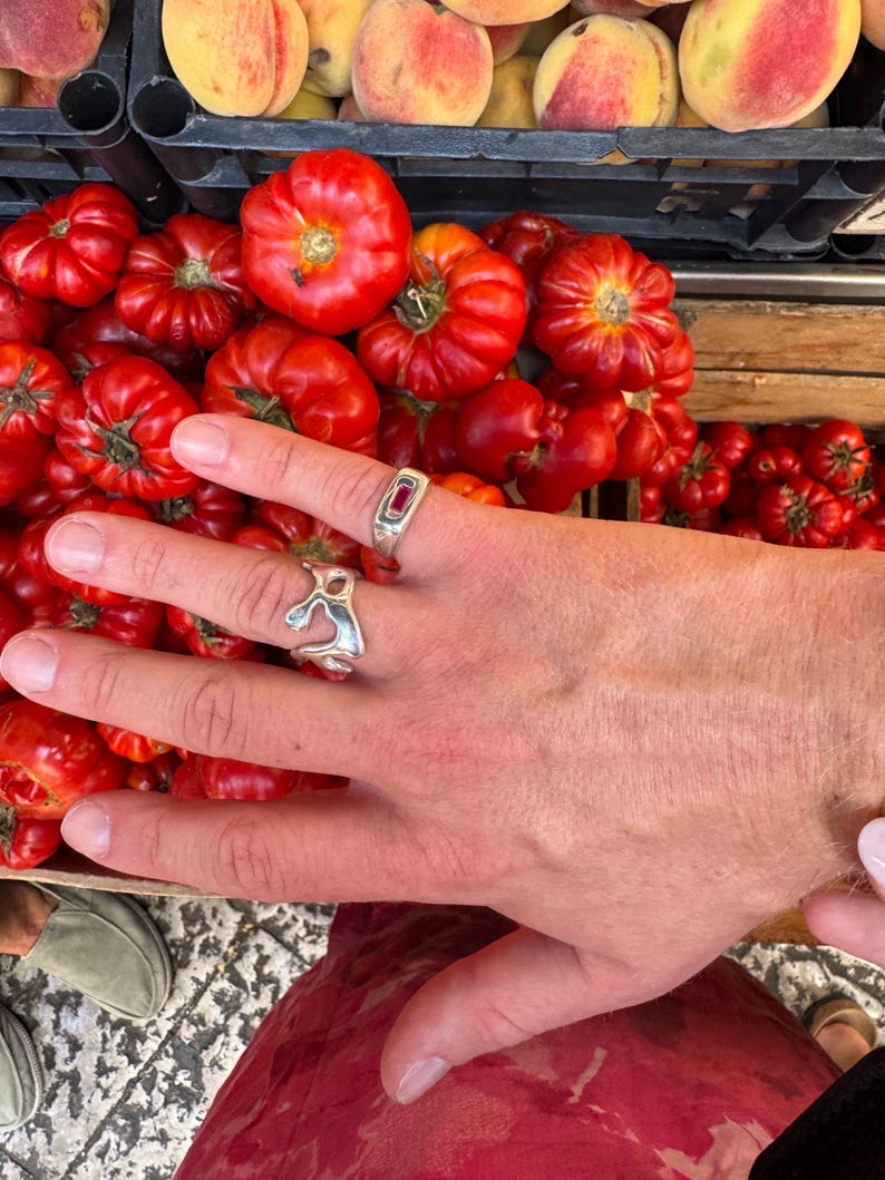 K&ouml;nnte beinhalten: Eine Hand mit zwei silbernen Ringen, einer davon mit einem rechteckigen roten Stein. Die Hand liegt auf einem Bett aus reifen, roten Tomaten. Pfirsiche sind im Hintergrund zu sehen, was auf einen Markt oder eine Produktausstellung hindeutet.